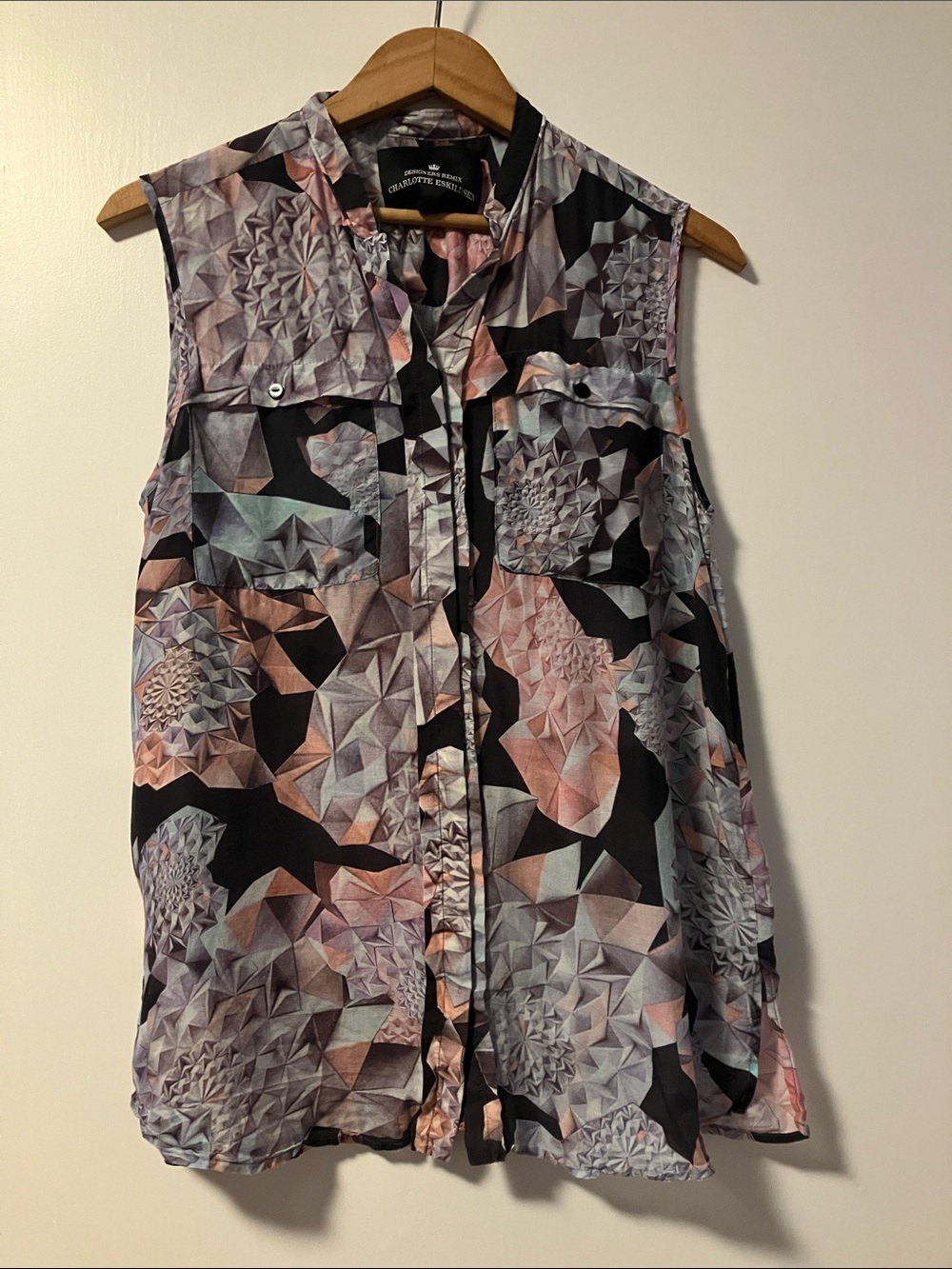 Geometric Print Sleeveless Collared Tank - Black & Pastel Silk Blend
